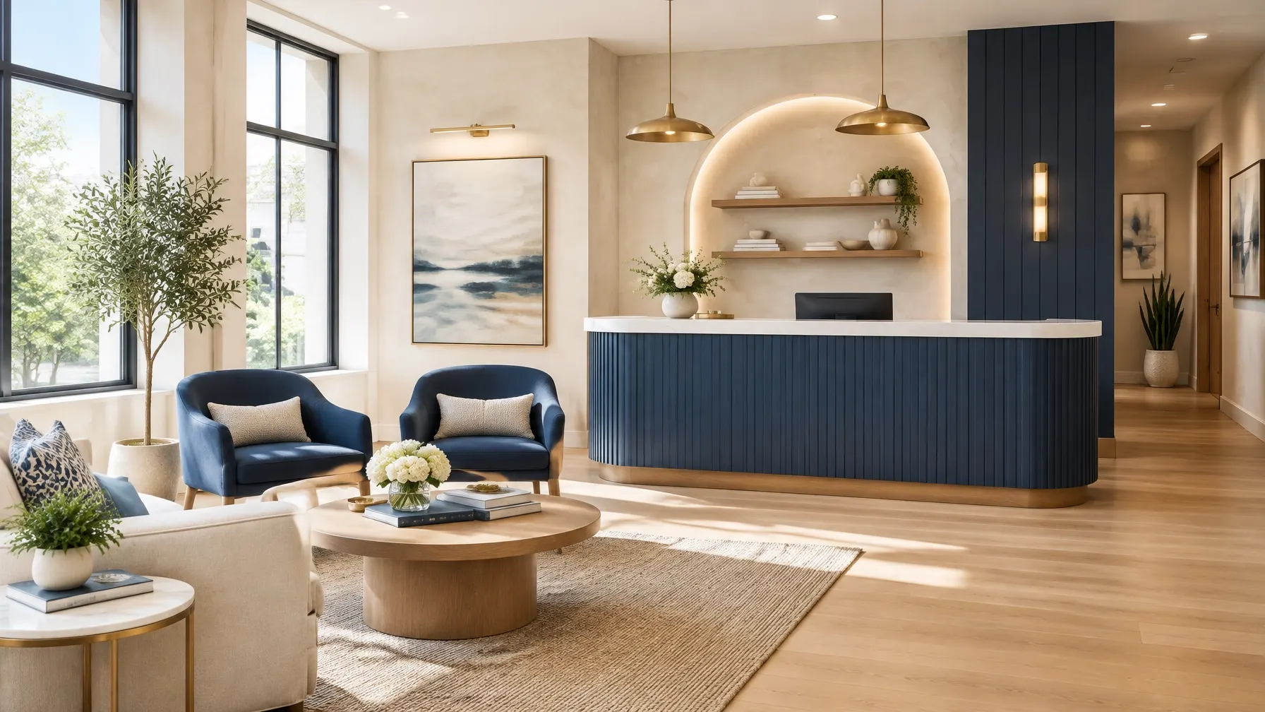 Light-filled contemporary dental practice reception with warm natural finishes